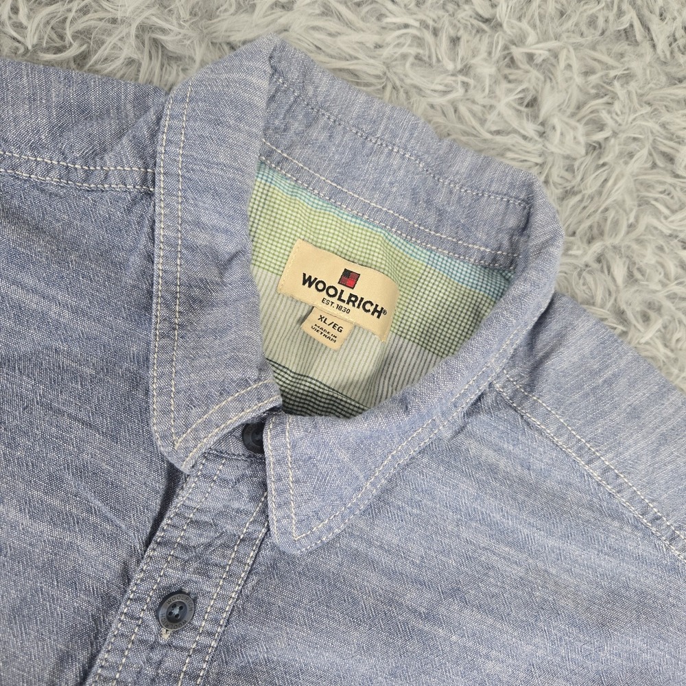 Woolrich Mens XL Blue Chambray Short Sleeve‎ Pocket Cotton Button Front Shirt